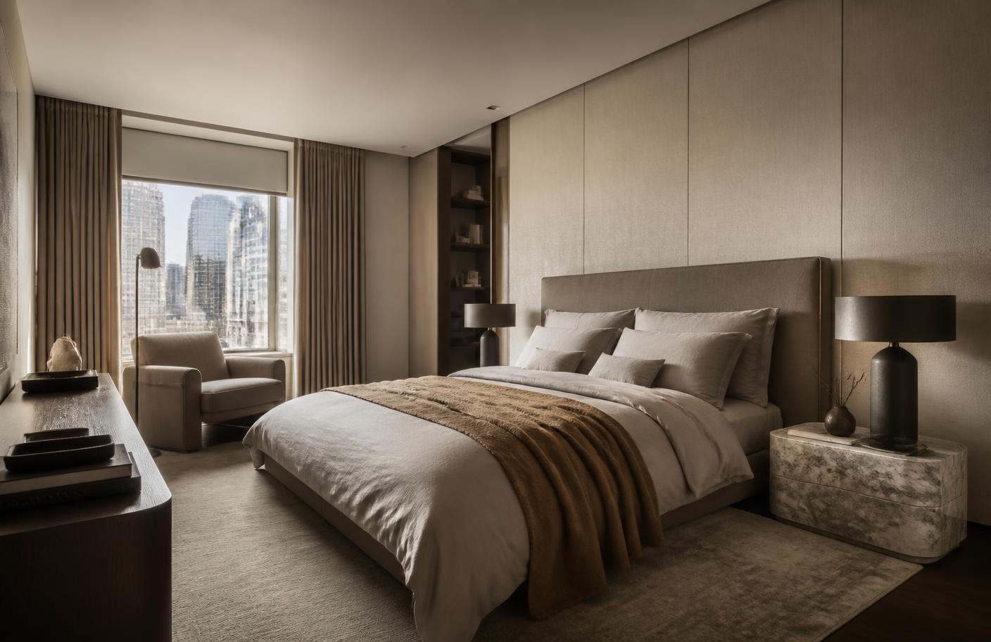 Elegant bedroom in warm greige tones
